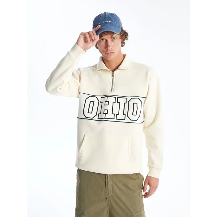 LCW Casual BEJ Dik Yaka Uzun Kollu Baskılı Erkek Kalın Sweatshirt