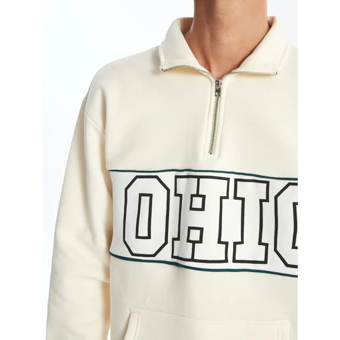 LCW Casual BEJ Dik Yaka Uzun Kollu Baskılı Erkek Kalın Sweatshirt