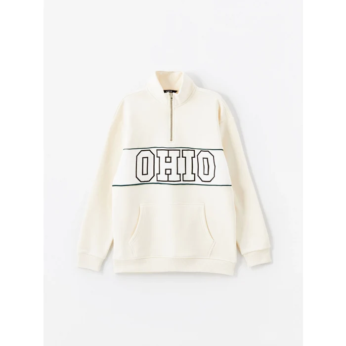 LCW Casual BEJ Dik Yaka Uzun Kollu Baskılı Erkek Kalın Sweatshirt