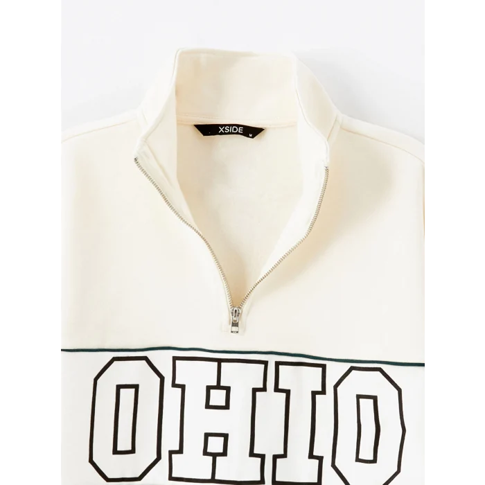 LCW Casual BEJ Dik Yaka Uzun Kollu Baskılı Erkek Kalın Sweatshirt