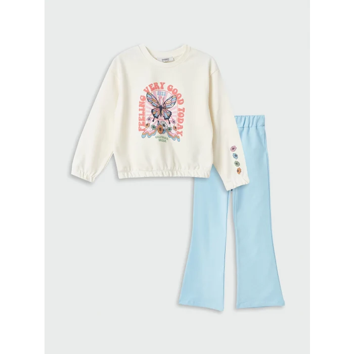 LCW Kids EKRU Bisiklet Yaka Baskılı Uzun Kollu Kız Çocuk Sweatshirt ve Tayt