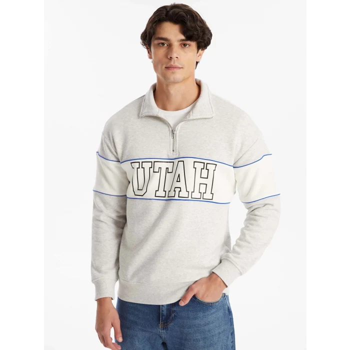 LCW Casual BEYAZ Dik Yaka Uzun Kollu Baskılı Erkek Kalın Sweatshirt