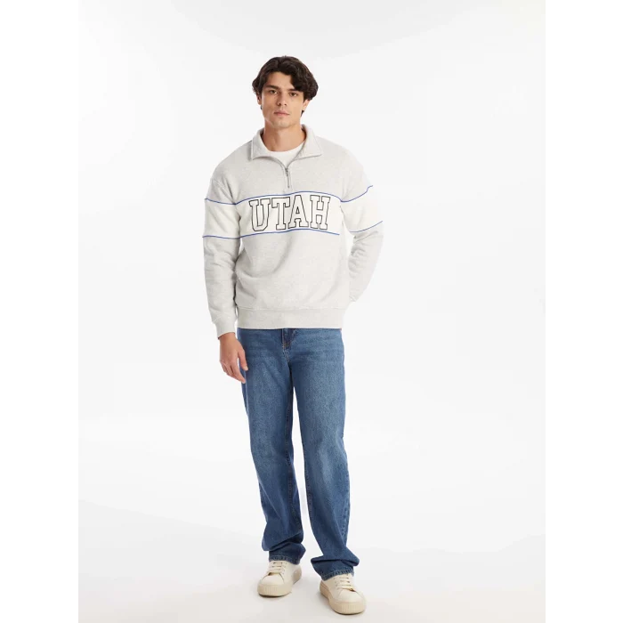 LCW Casual BEYAZ Dik Yaka Uzun Kollu Baskılı Erkek Kalın Sweatshirt