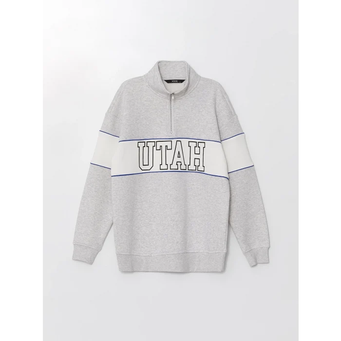 LCW Casual BEYAZ Dik Yaka Uzun Kollu Baskılı Erkek Kalın Sweatshirt