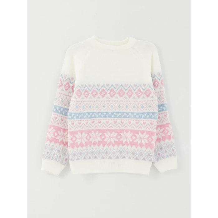 LCW Kids EKRU Bisiklet Yaka Desenli Uzun Kollu Kız Çocuk Triko Kazak