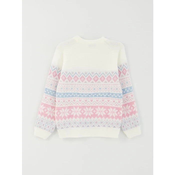 LCW Kids EKRU Bisiklet Yaka Desenli Uzun Kollu Kız Çocuk Triko Kazak