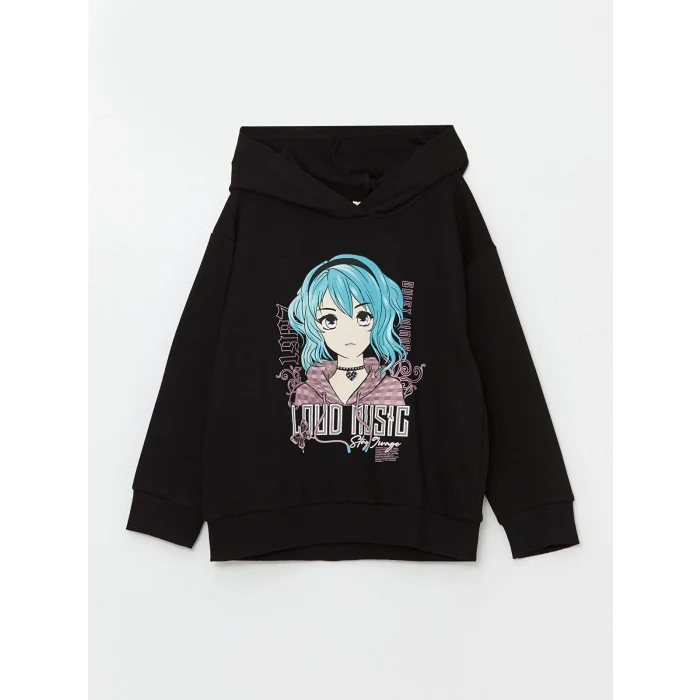 LCW Kids SİYAH Kapüşonlu Baskılı Kız Çocuk Sweatshirt