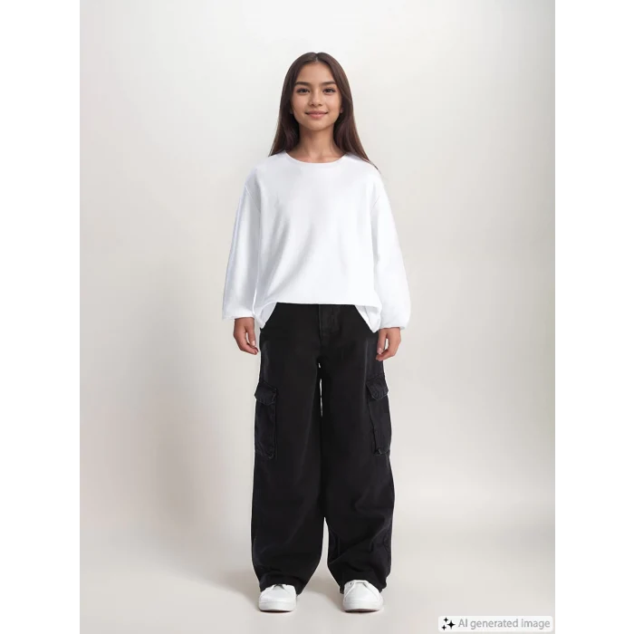 LCW Kids SİYAH Beli Ayarlanabilir Lastikli Kız Çocuk Pantolon