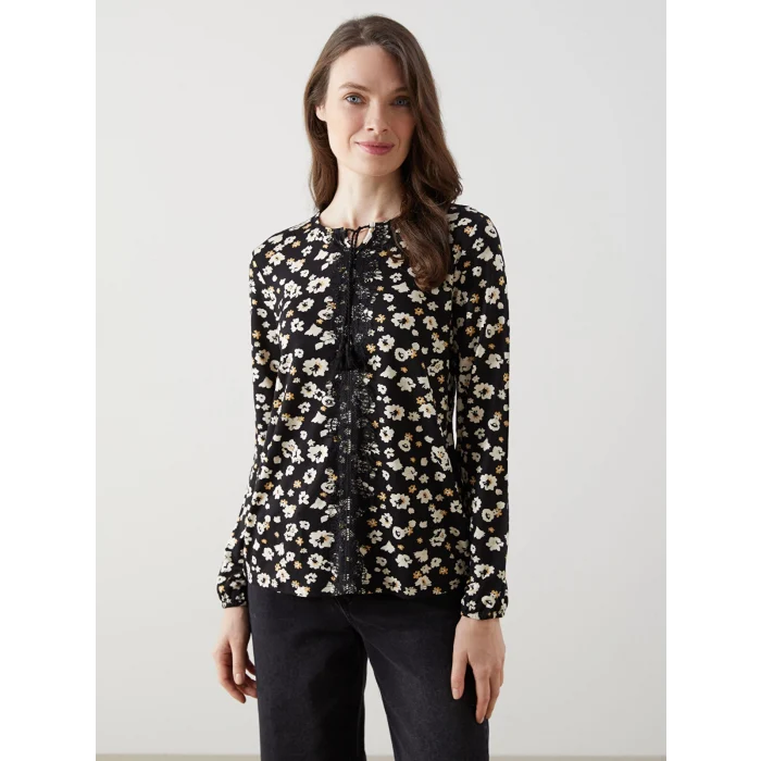LCW Grace SİYAH Bağlamalı Yaka Çiçekli Kadın Bluz