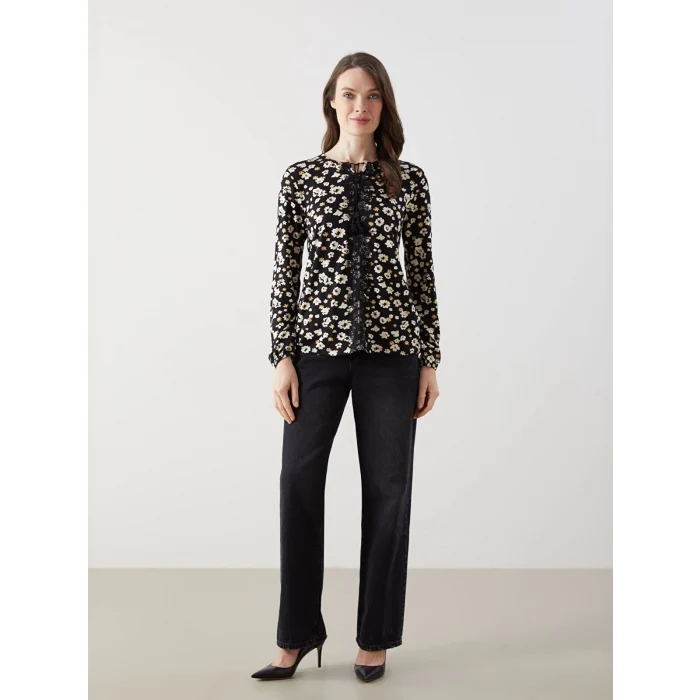 LCW Grace SİYAH Bağlamalı Yaka Çiçekli Kadın Bluz