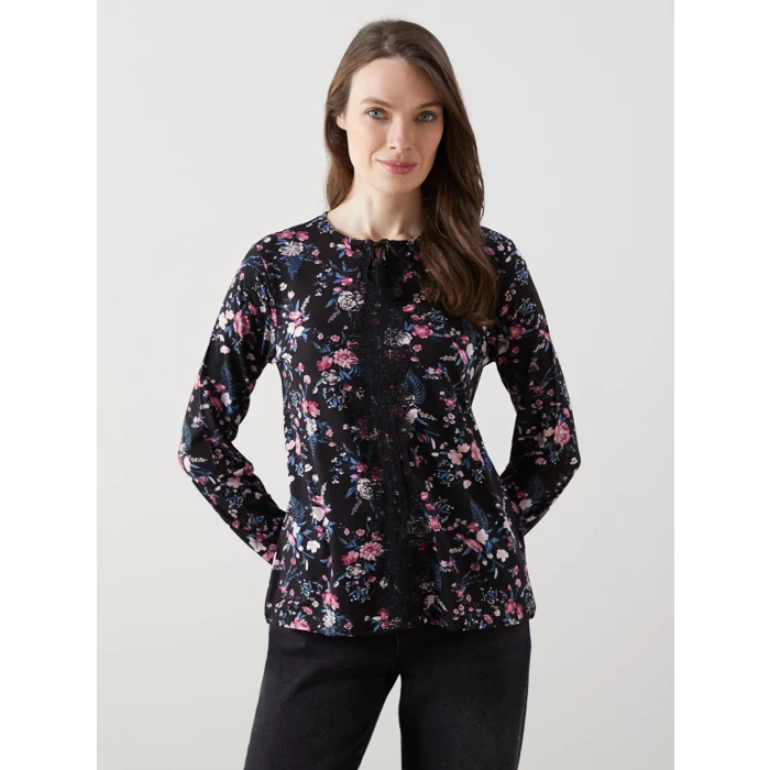 LCW Grace SİYAH Bağlamalı Yaka Çiçekli Kadın Bluz