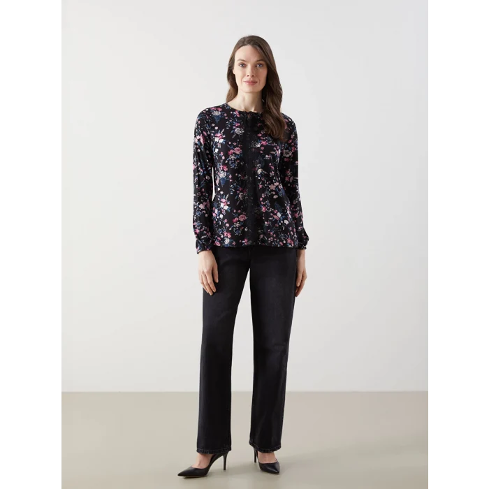 LCW Grace SİYAH Bağlamalı Yaka Çiçekli Kadın Bluz