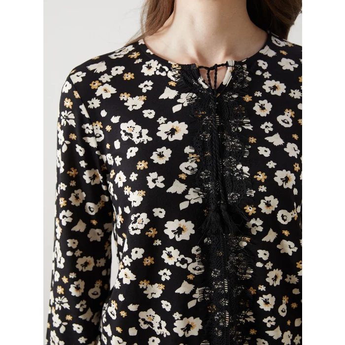 LCW Grace SİYAH Bağlamalı Yaka Çiçekli Kadın Bluz