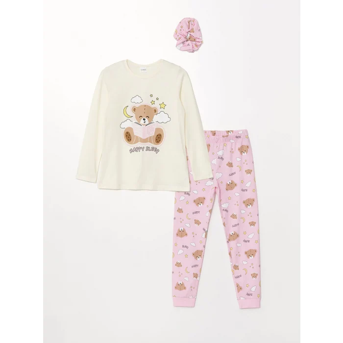 LCW Kids EKRU Bisiklet Yaka Baskılı Uzun Kollu Kız Çocuk Pijama Takımı ve Toka