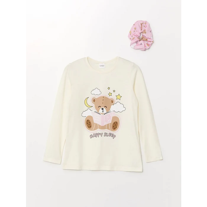 LCW Kids EKRU Bisiklet Yaka Baskılı Uzun Kollu Kız Çocuk Pijama Takımı ve Toka