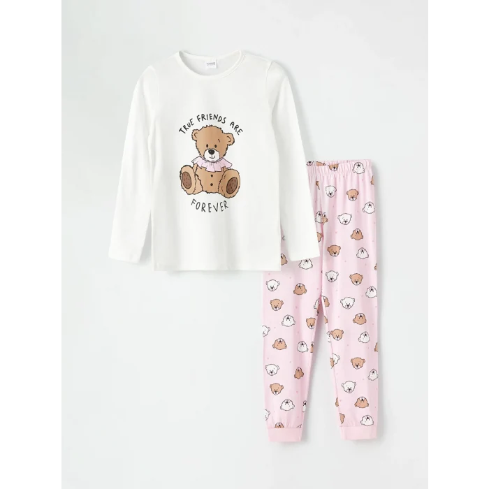 LCW Kids EKRU Bisiklet Yaka Baskılı Uzun Kollu Kız Çocuk Pijama Takımı