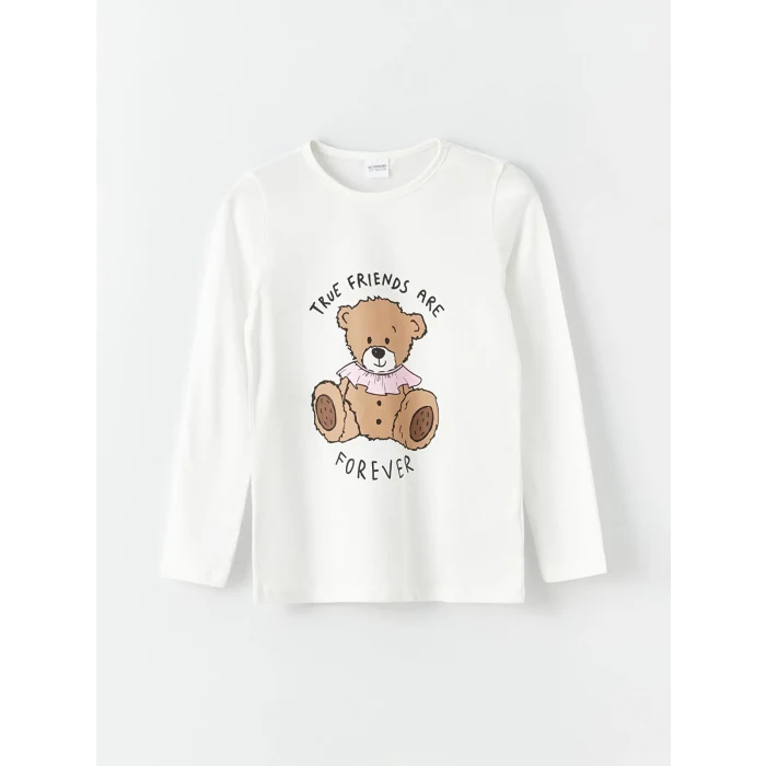 LCW Kids EKRU Bisiklet Yaka Baskılı Uzun Kollu Kız Çocuk Pijama Takımı