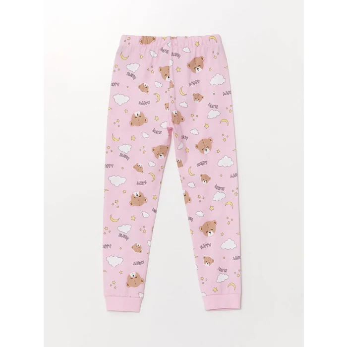 LCW Kids EKRU Bisiklet Yaka Baskılı Uzun Kollu Kız Çocuk Pijama Takımı ve Toka