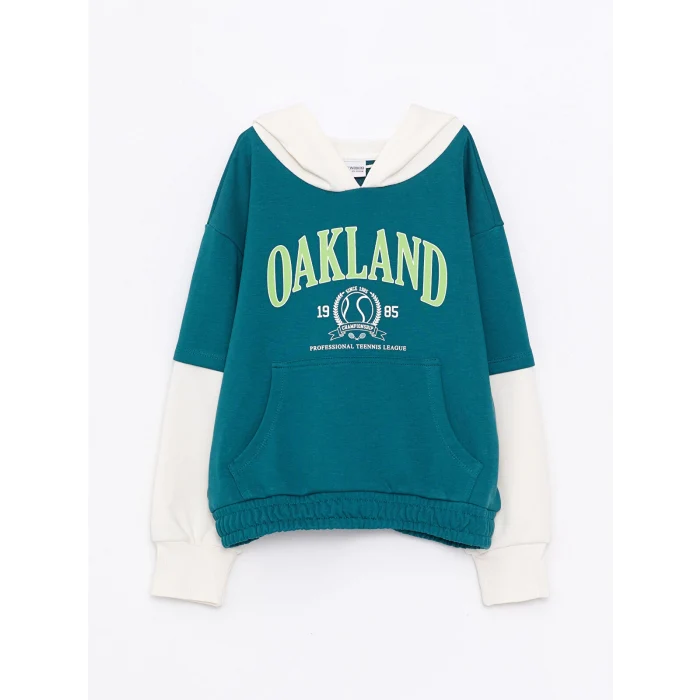 LCW Kids YEŞİL Kapüşonlu Baskılı Uzun Kollu Kız Çocuk Sweatshirt