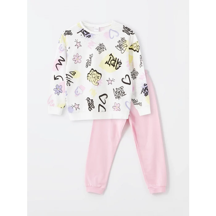 LCW Kids EKRU Bisiklet Yaka Baskılı Uzun Kollu Kız Çocuk Pijama Takımı