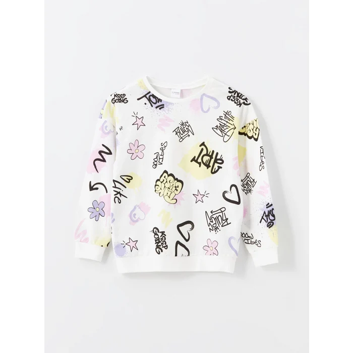 LCW Kids EKRU Bisiklet Yaka Baskılı Uzun Kollu Kız Çocuk Pijama Takımı