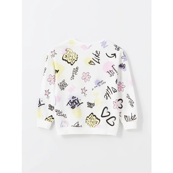 LCW Kids EKRU Bisiklet Yaka Baskılı Uzun Kollu Kız Çocuk Pijama Takımı