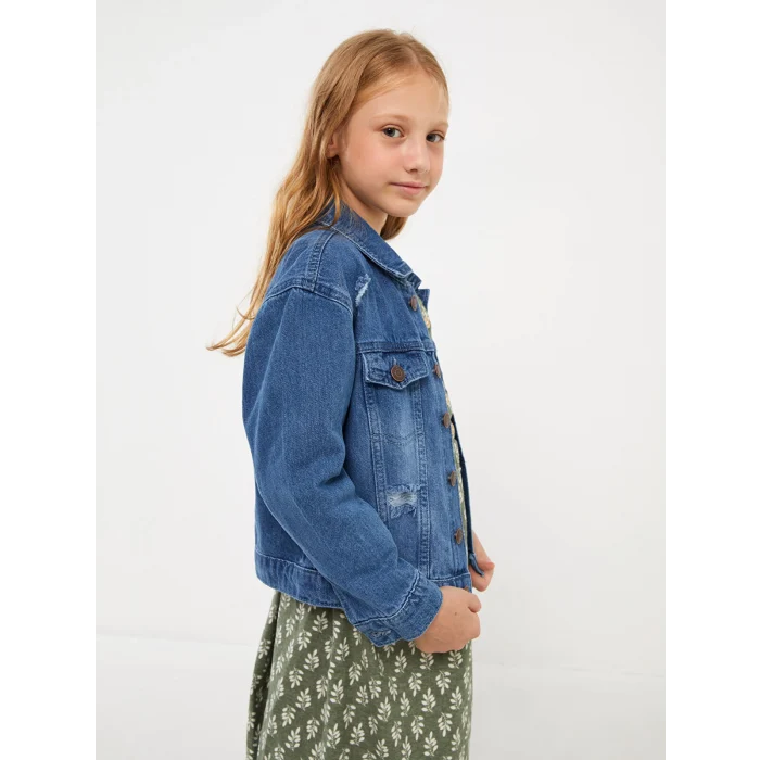 LCW Kids İNDİGO Yırtık Detaylı Kız Çocuk Jean Ceket