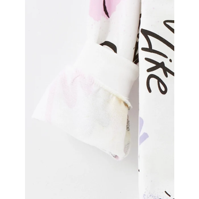 LCW Kids EKRU Bisiklet Yaka Baskılı Uzun Kollu Kız Çocuk Pijama Takımı