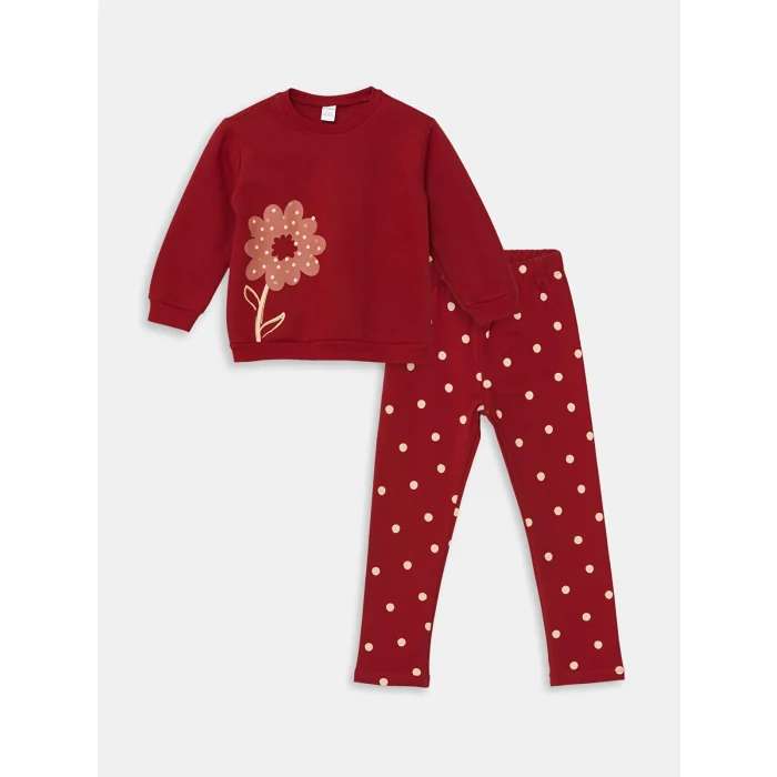 LCW Kids KIRMIZI Bisiklet Yaka Uzun Kollu Çiçekli Kız Çocuk Bluz ve Tayt 2li Takım