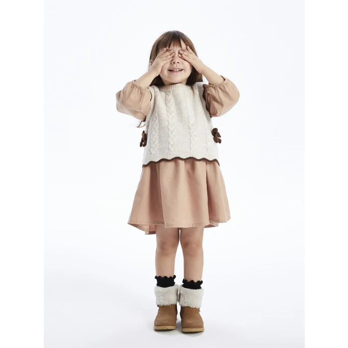 LCW baby KAHVERENGİ Bisiklet Yaka Uzun Kollu Kız Bebek Elbise ve Triko Süveter 2li Takım