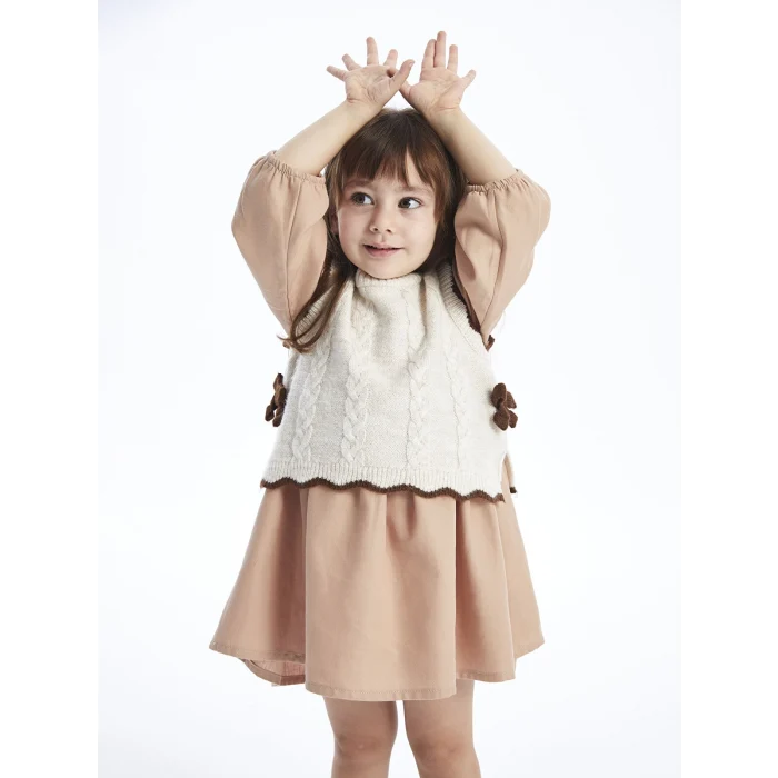 LCW baby KAHVERENGİ Bisiklet Yaka Uzun Kollu Kız Bebek Elbise ve Triko Süveter 2li Takım