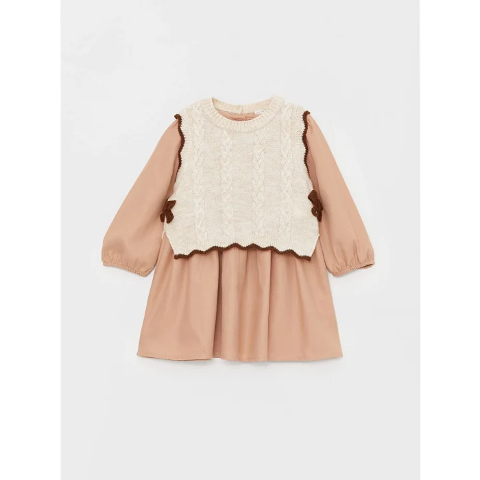 LCW baby KAHVERENGİ Bisiklet Yaka Uzun Kollu Kız Bebek Elbise ve Triko Süveter 2li Takım