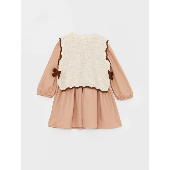 LCW baby KAHVERENGİ Bisiklet Yaka Uzun Kollu Kız Bebek Elbise ve Triko Süveter 2li Takım