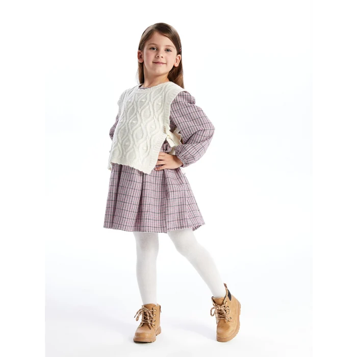 LCW Kids PEMBE Bisiklet Yaka Ekose Kız Çocuk Elbise ve Süveter 2li Takım