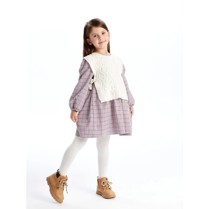 LCW Kids PEMBE Bisiklet Yaka Ekose Kız Çocuk Elbise ve Süveter 2li Takım