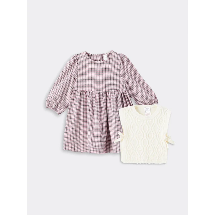 LCW Kids PEMBE Bisiklet Yaka Ekose Kız Çocuk Elbise ve Süveter 2li Takım