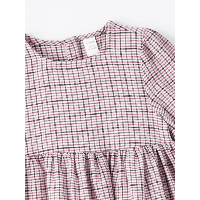 LCW Kids PEMBE Bisiklet Yaka Ekose Kız Çocuk Elbise ve Süveter 2li Takım