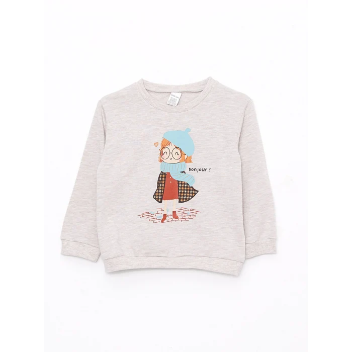 LCW baby BEJ Bisiklet Yaka Uzun Kollu Baskılı Kız Bebek Sweatshirt 2li