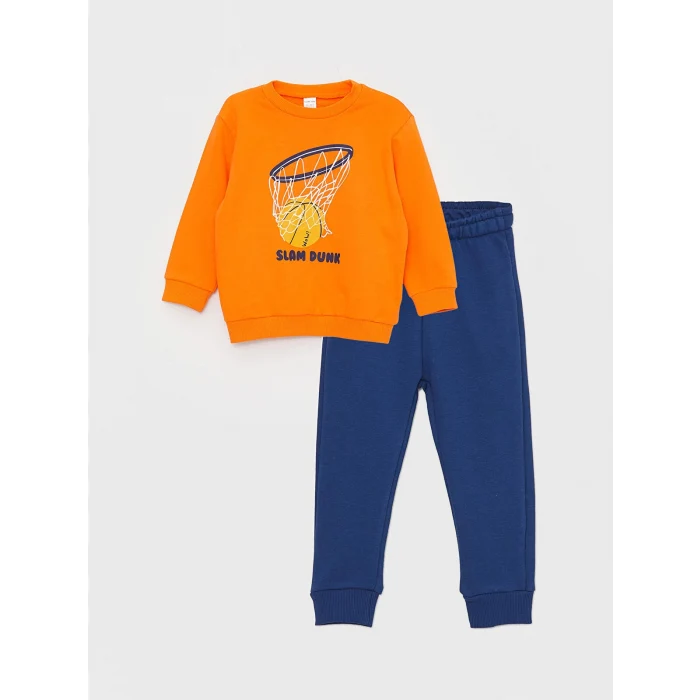 LCW baby TURUNCU Bisiklet Yaka Uzun Kollu Baskılı Erkek Bebek Sweatshirt ve Pantolon 2li Takım