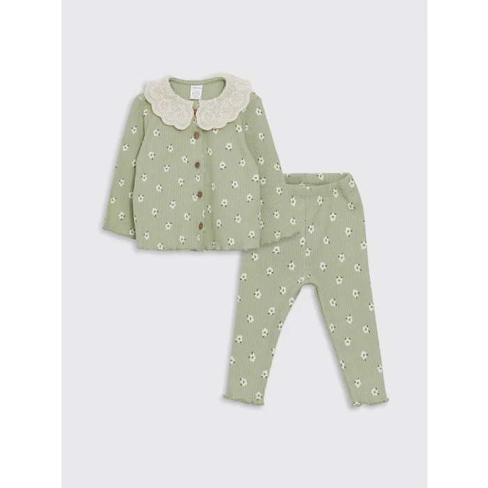 LCW baby YEŞİL Bebe Yaka Uzun Kollu Çiçekli Kız Bebek Hırka ve Tayt 2li Takım