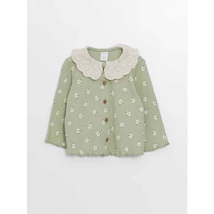 LCW baby YEŞİL Bebe Yaka Uzun Kollu Çiçekli Kız Bebek Hırka ve Tayt 2li Takım