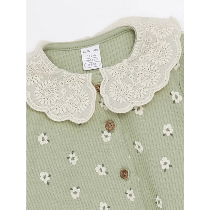 LCW baby YEŞİL Bebe Yaka Uzun Kollu Çiçekli Kız Bebek Hırka ve Tayt 2li Takım