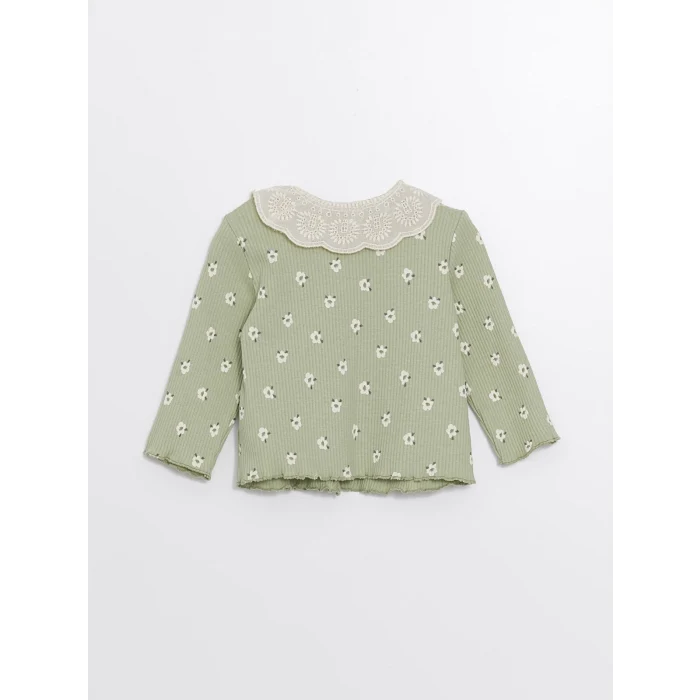 LCW baby YEŞİL Bebe Yaka Uzun Kollu Çiçekli Kız Bebek Hırka ve Tayt 2li Takım