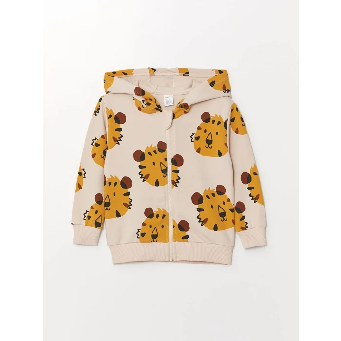 LCW baby BEJ Kapüşonlu Uzun Kollu Baskılı Erkek Bebek Hırka ve Pantolon 2li Takım