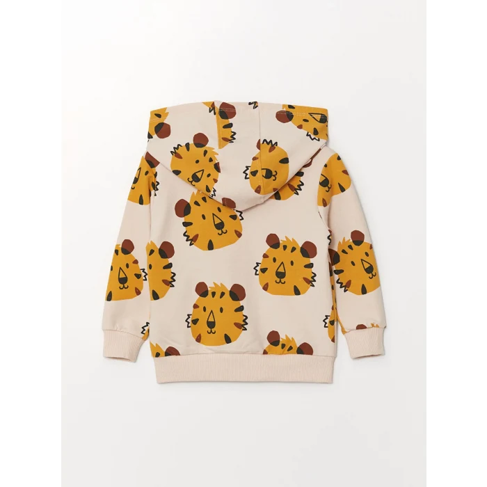 LCW baby BEJ Kapüşonlu Uzun Kollu Baskılı Erkek Bebek Hırka ve Pantolon 2li Takım