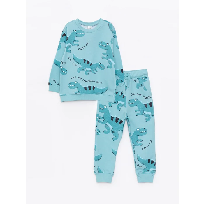 LCW baby YEŞİL Bisiklet Yaka Uzun Kollu Baskılı Pamuklu Erkek Bebek Sweatshirt ve Pantolon 2li Takım