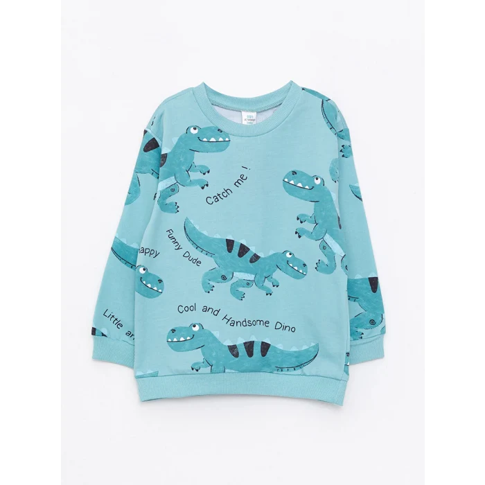 LCW baby YEŞİL Bisiklet Yaka Uzun Kollu Baskılı Pamuklu Erkek Bebek Sweatshirt ve Pantolon 2li Takım