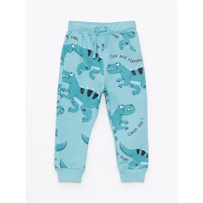 LCW baby YEŞİL Bisiklet Yaka Uzun Kollu Baskılı Pamuklu Erkek Bebek Sweatshirt ve Pantolon 2li Takım