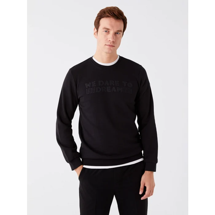 LCWAIKIKI Classic SİYAH Bisiklet Yaka Uzun Kollu Baskılı Erkek Kalın Sweatshirt