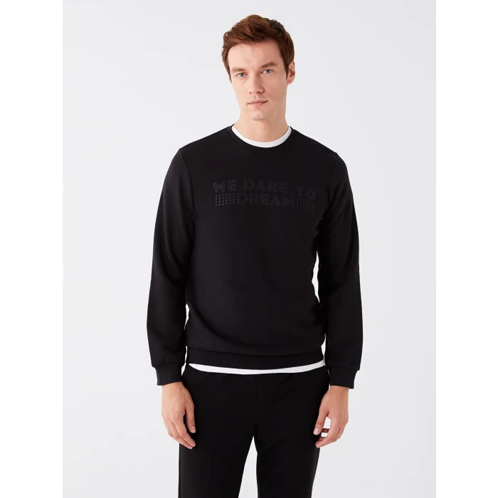 LCWAIKIKI Classic SİYAH Bisiklet Yaka Uzun Kollu Baskılı Erkek Kalın Sweatshirt